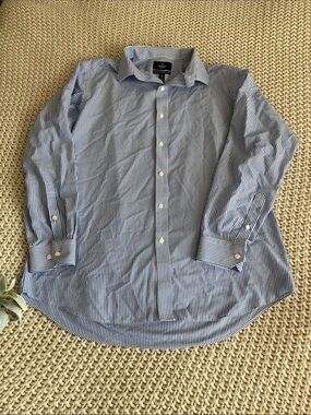 Men's Blue and White Stripe Casual Button-Down Shirt